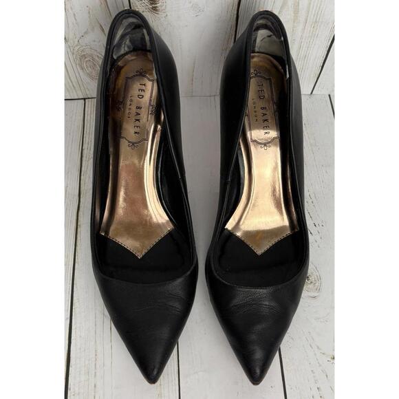 TED BAKER London Pointed Toe 6.5/36.5 Black Rose Gold Bow